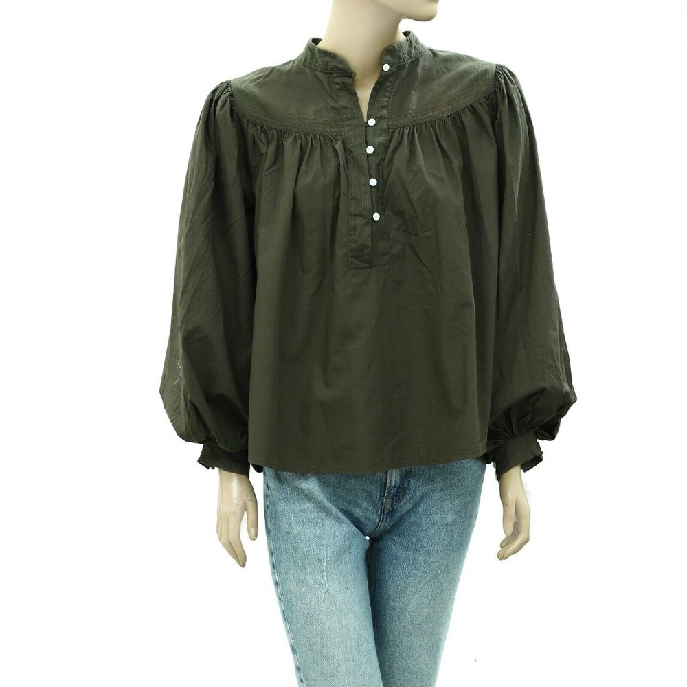 Merlette Solid Cotton-Voile Blouse Top Green Balloon Long Sleeve S NWD